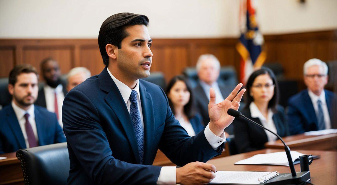 A lawyer presenting evidence and arguing in a courtroom