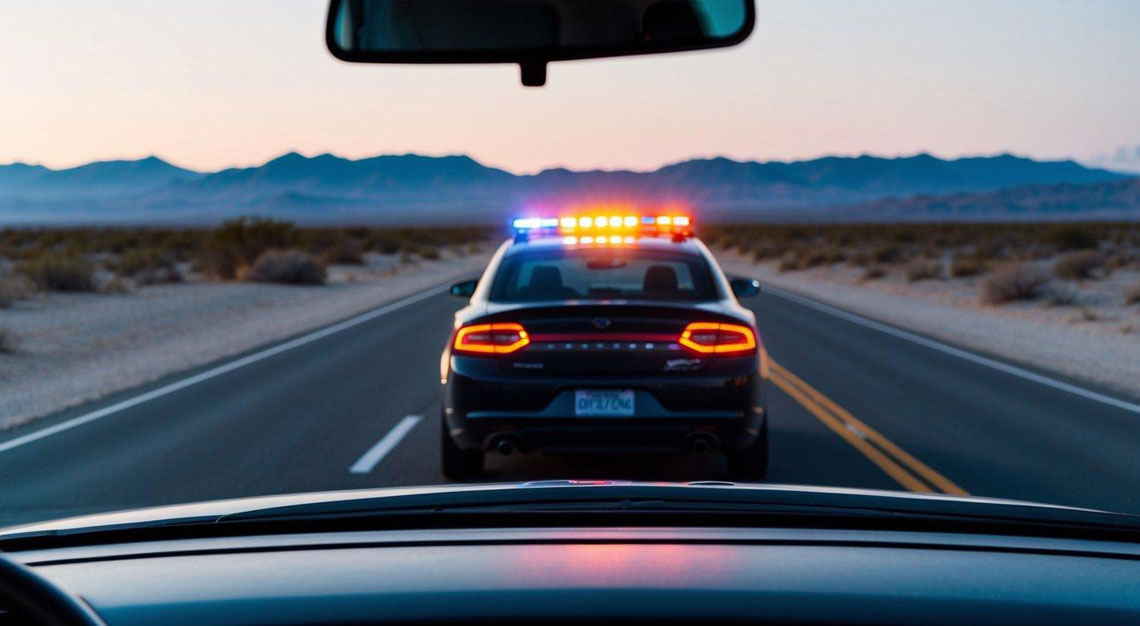 A car swerves on a desert road, flashing police lights in the rearview mirror