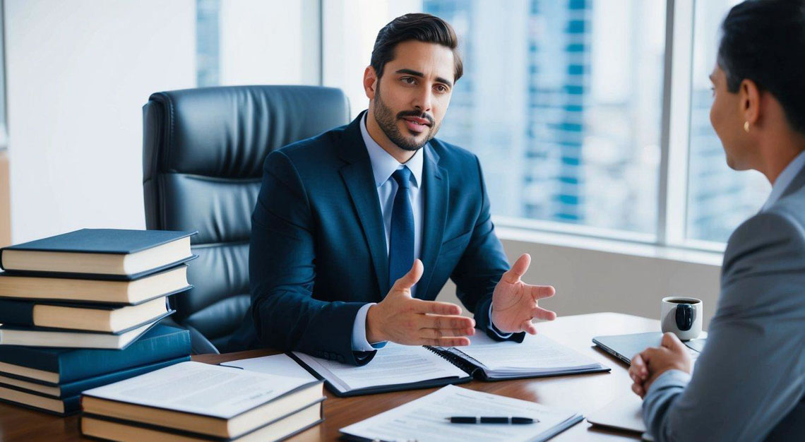 A person sitting at a desk, surrounded by law books and legal documents, speaking with a confident lawyer about DUI defense in Arizona