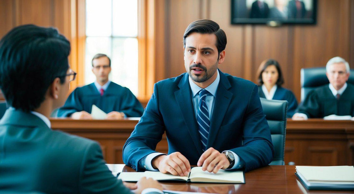 A courtroom scene with a lawyer presenting evidence and arguing in front of a judge and jury